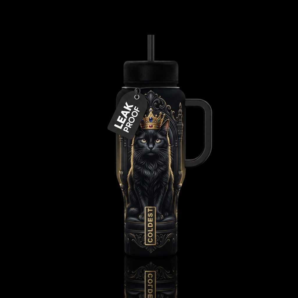 Black cat wearing a crown sitting on a throne water bottle design