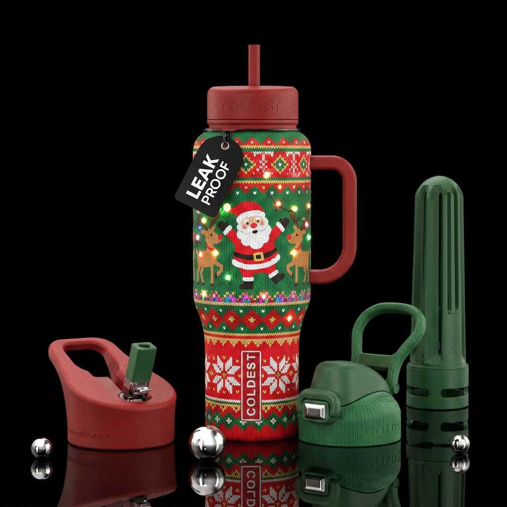 Ugly Christmas sweater with Santa, reindeer dancin... water bottle design