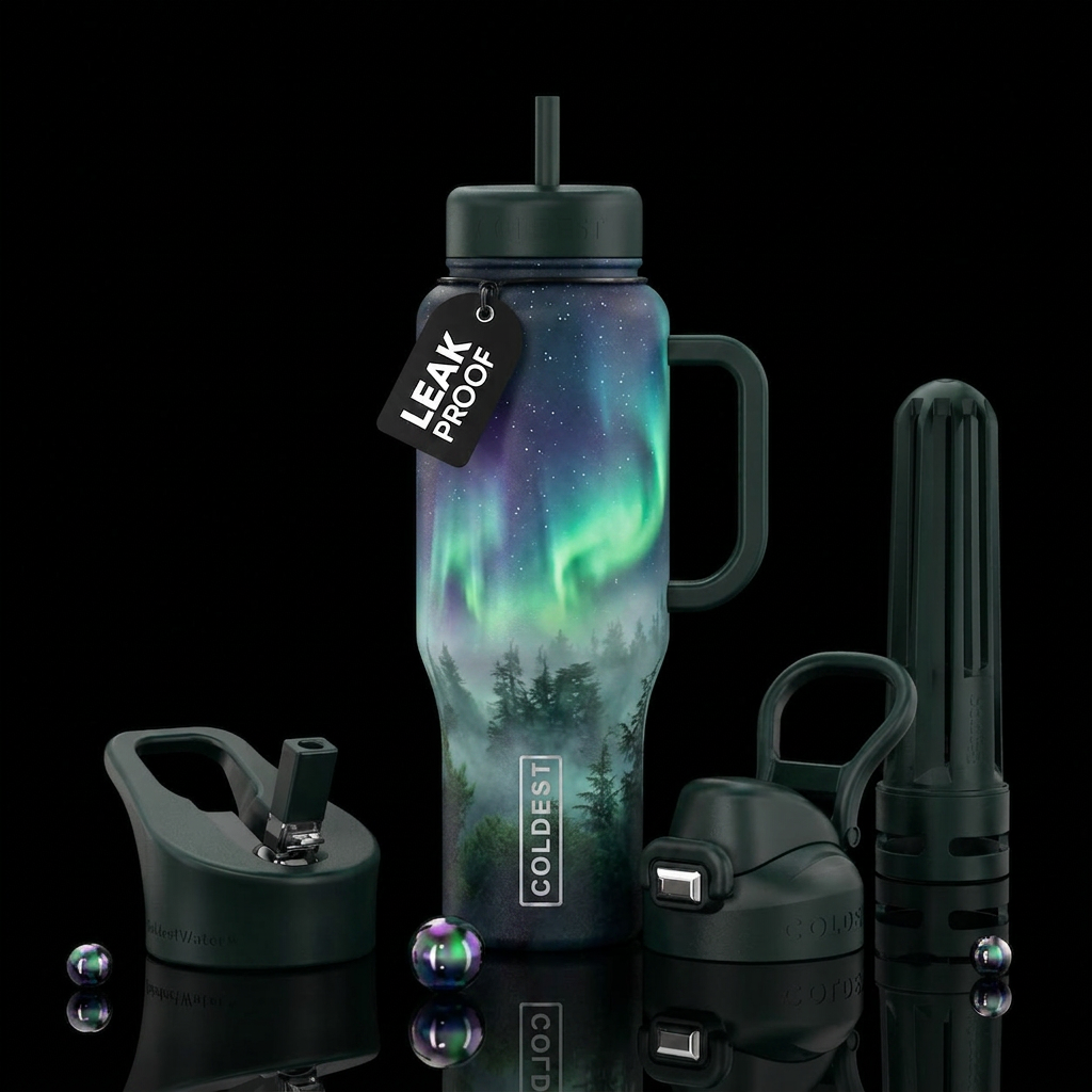 northern lights, misty forest water bottle design