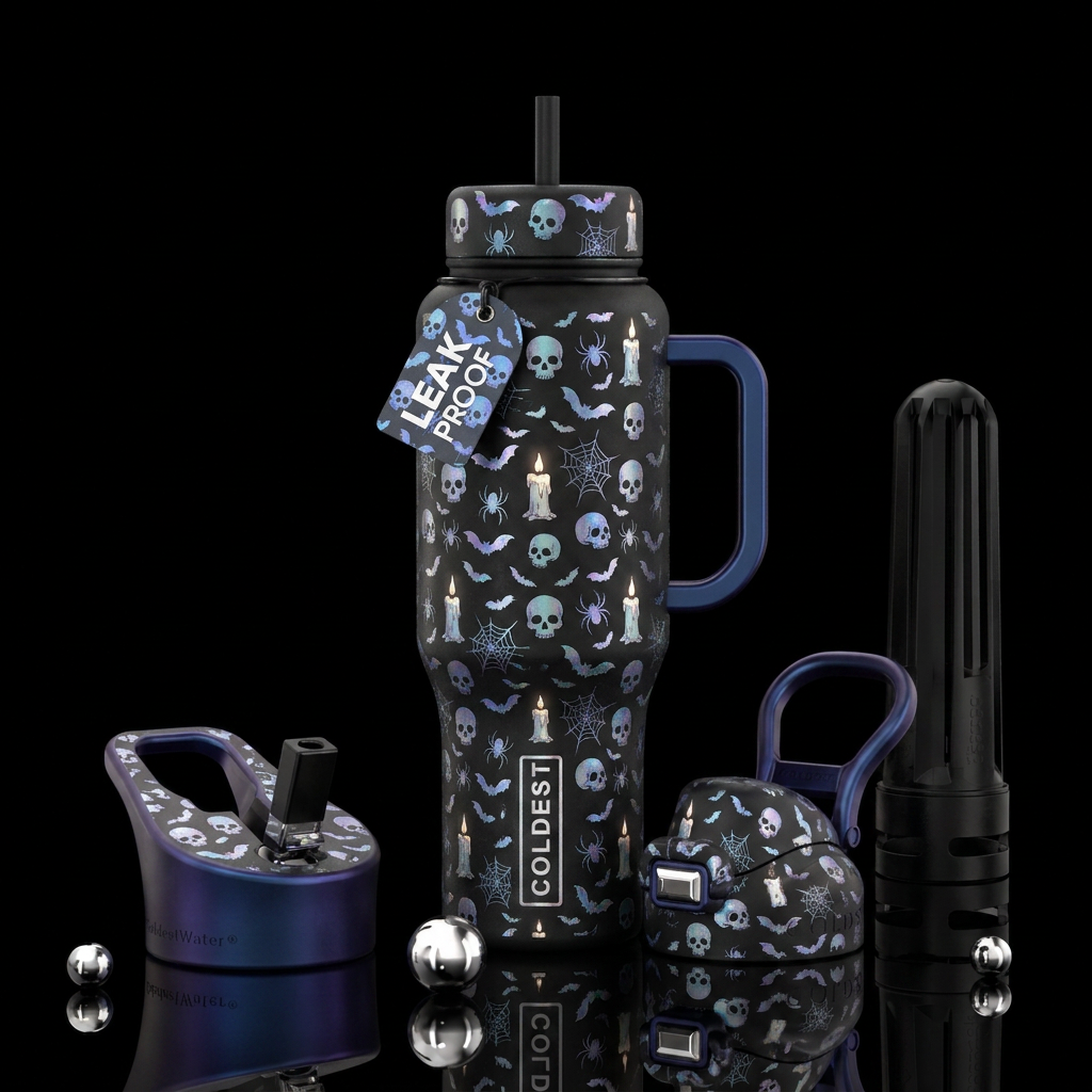 Moonlight iridescent small skulls, bats, spiders,g... water bottle design