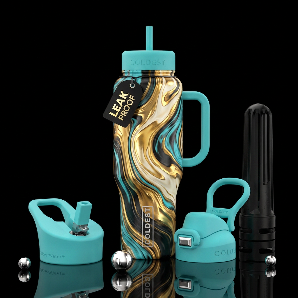 Gold ivory black turquoise lava water bottle design