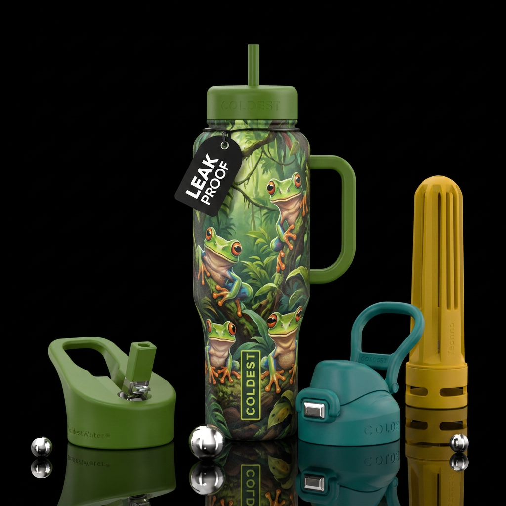 Smiling tree frogs in rain forest water bottle design