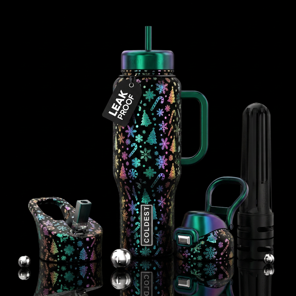 Frosty snowflakes candy canes Christmas trees irid... water bottle design