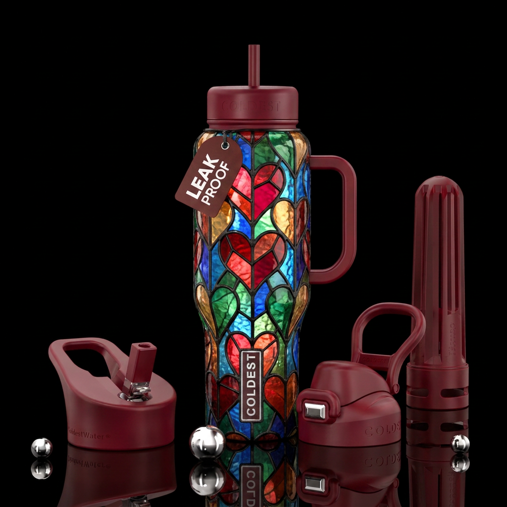 Stained glass hearts water bottle design