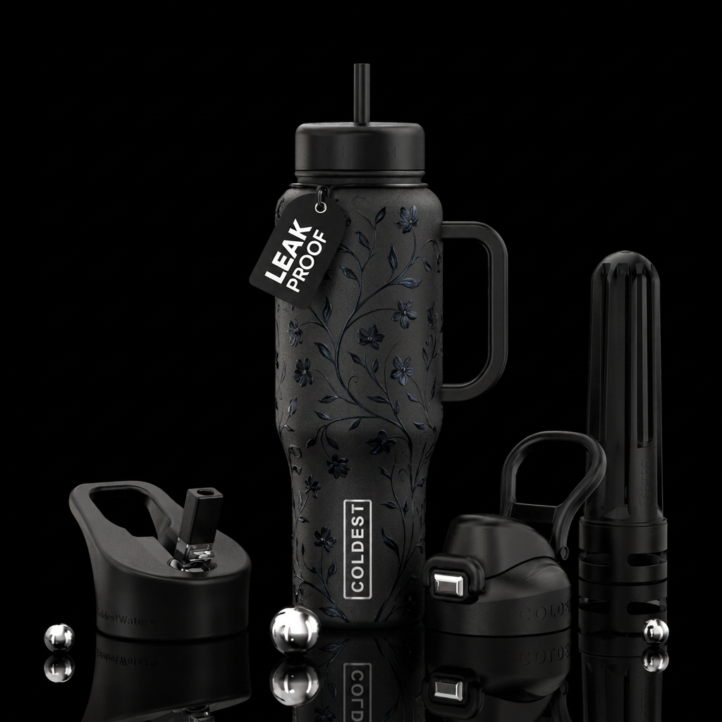 Black moonlight floral vines water bottle design