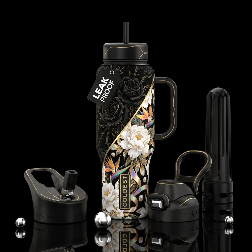 Diagonal One side black gothic floral other side w... water bottle design