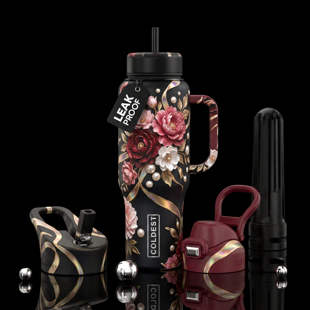 Black bottle black deep red pink and white flowers... water bottle design