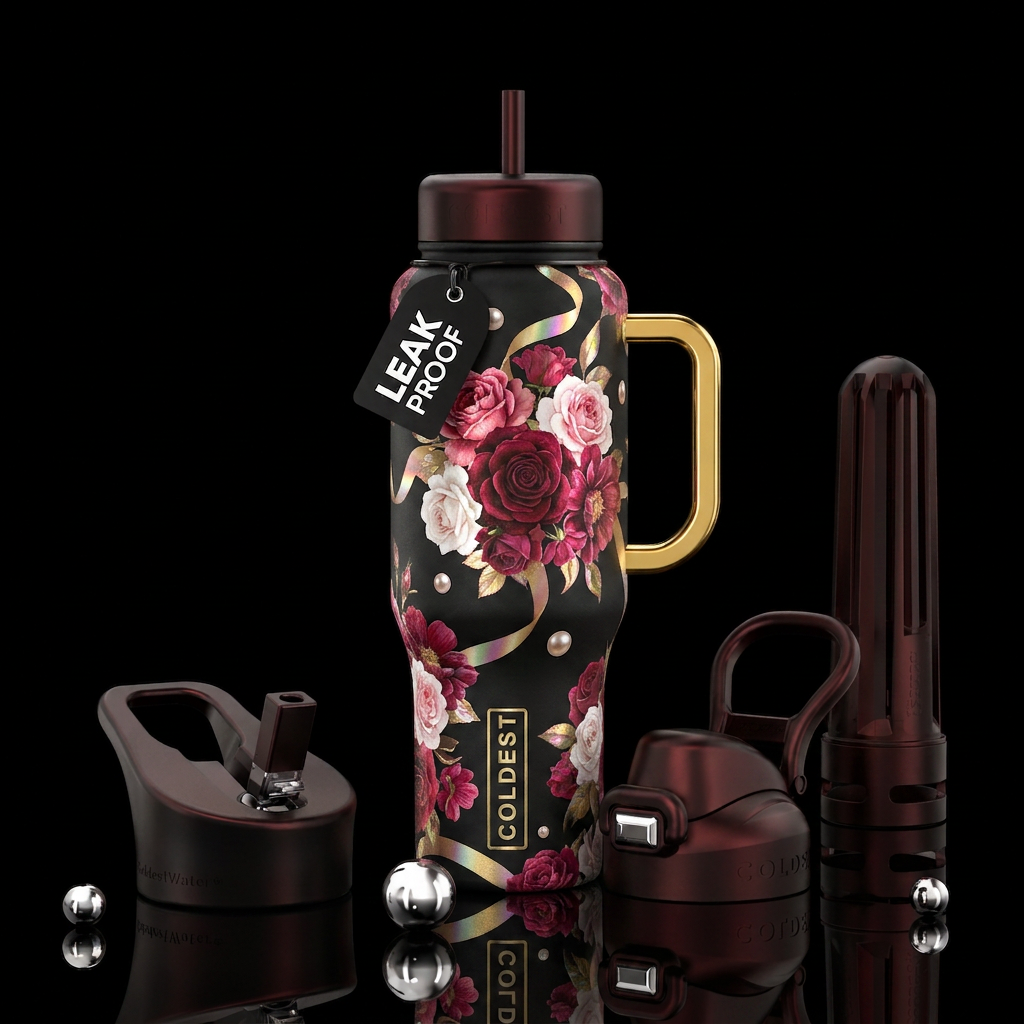 Black bottle gold handle roses black deep red pink... water bottle design