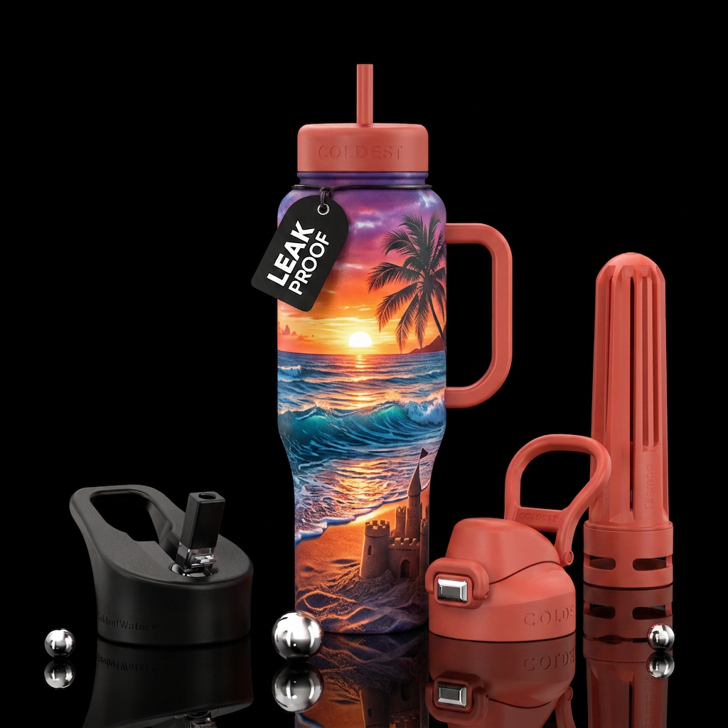 Ocean waves sunrise palm tree sand castle water bottle design