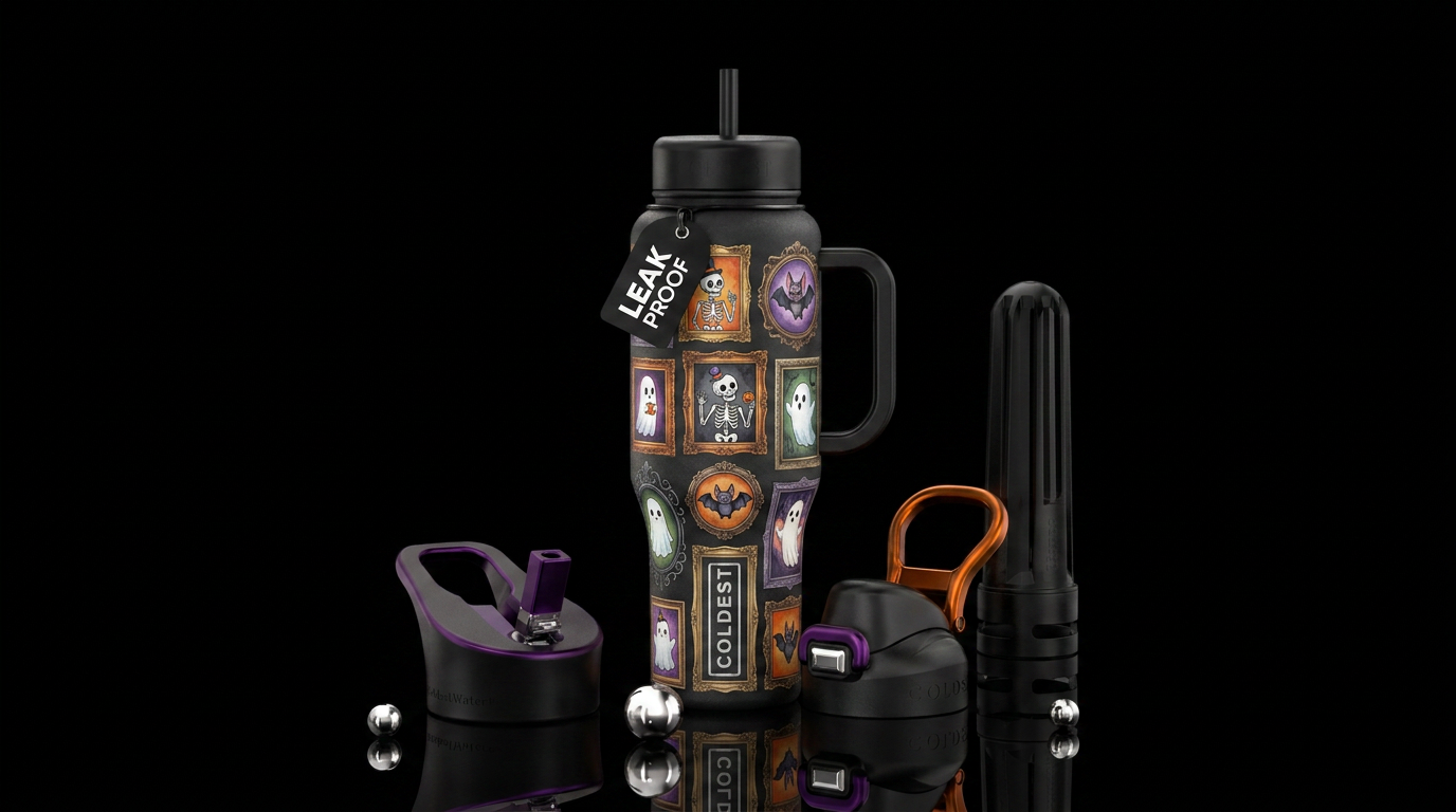 Halloween fun skeletons, bats and ghosts in differ... water bottle design