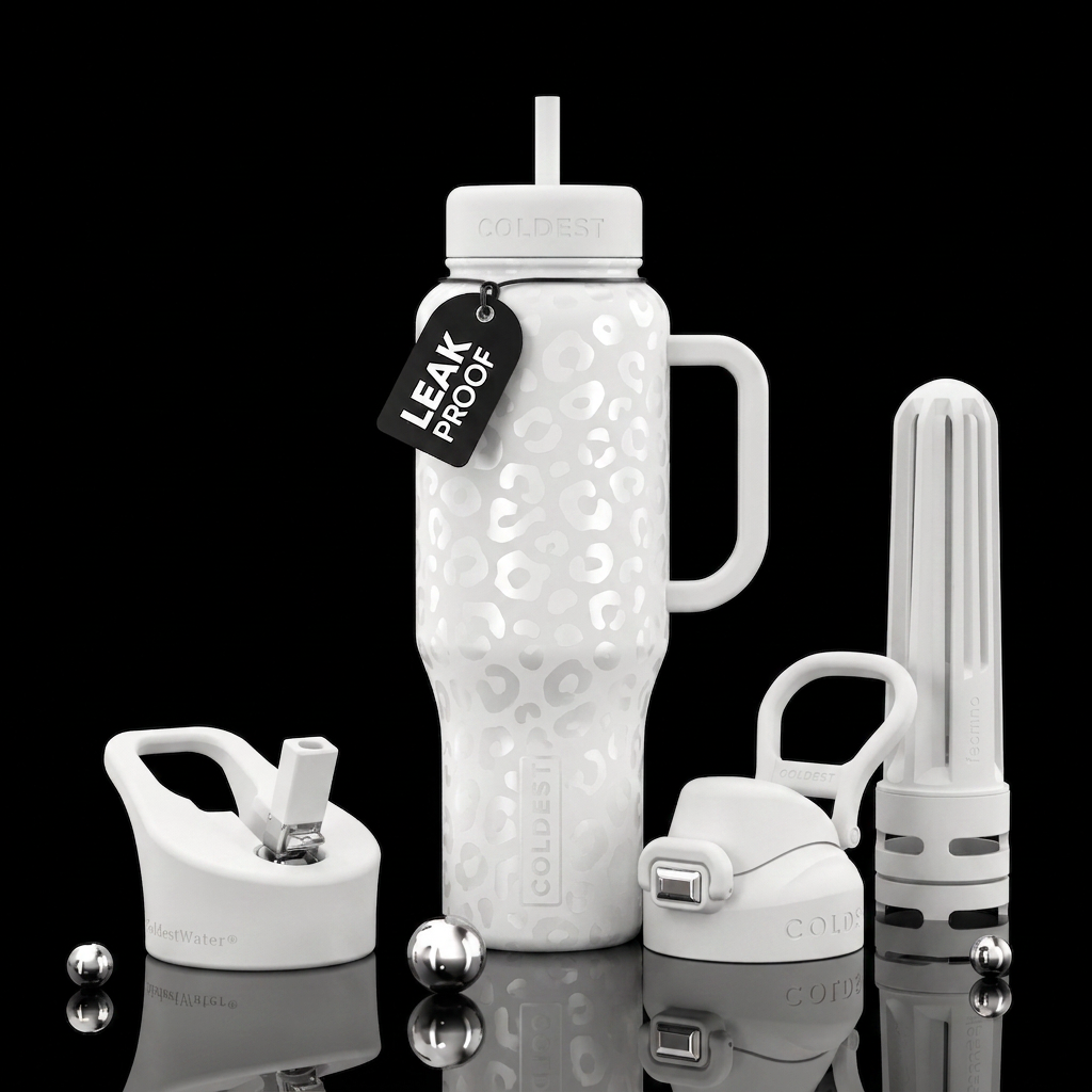 White on white leopard water bottle design