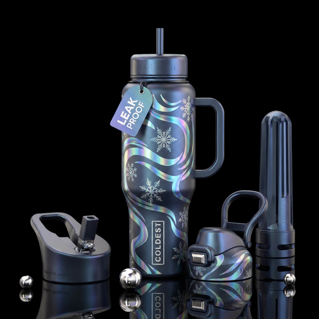 Flowy moonlight iridescent ribbons snow flakes bla... water bottle design