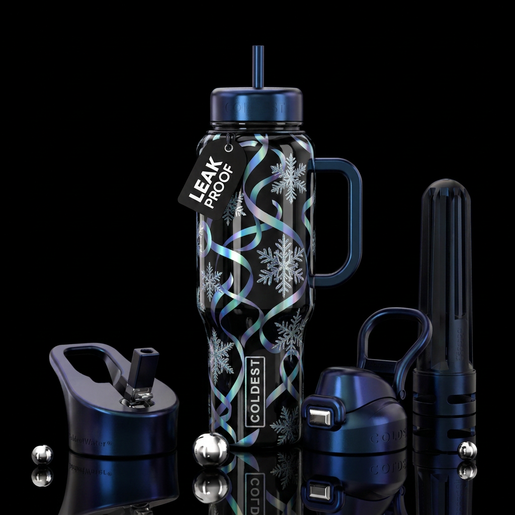 Pretty moonlight iridescent ribbons snow flakes bl... water bottle design