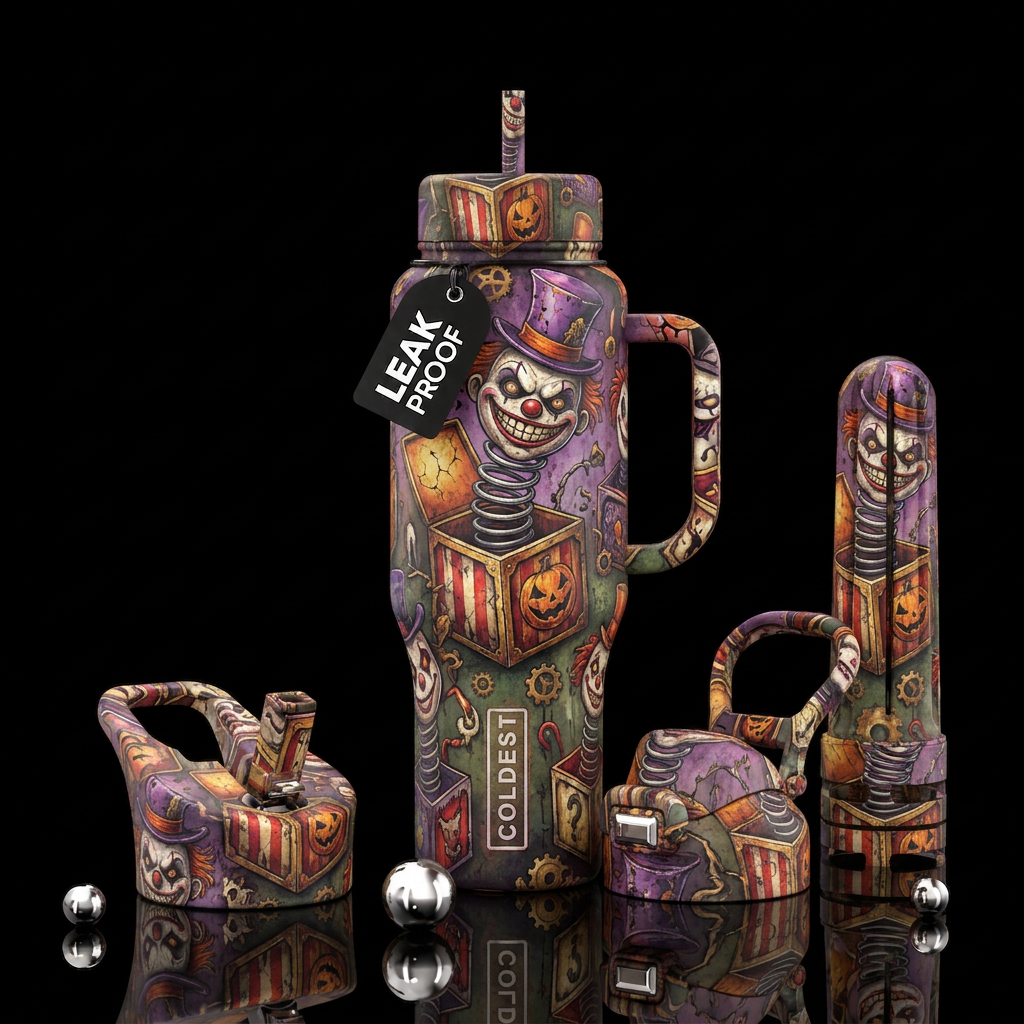 Haunted Jack in the box water bottle design