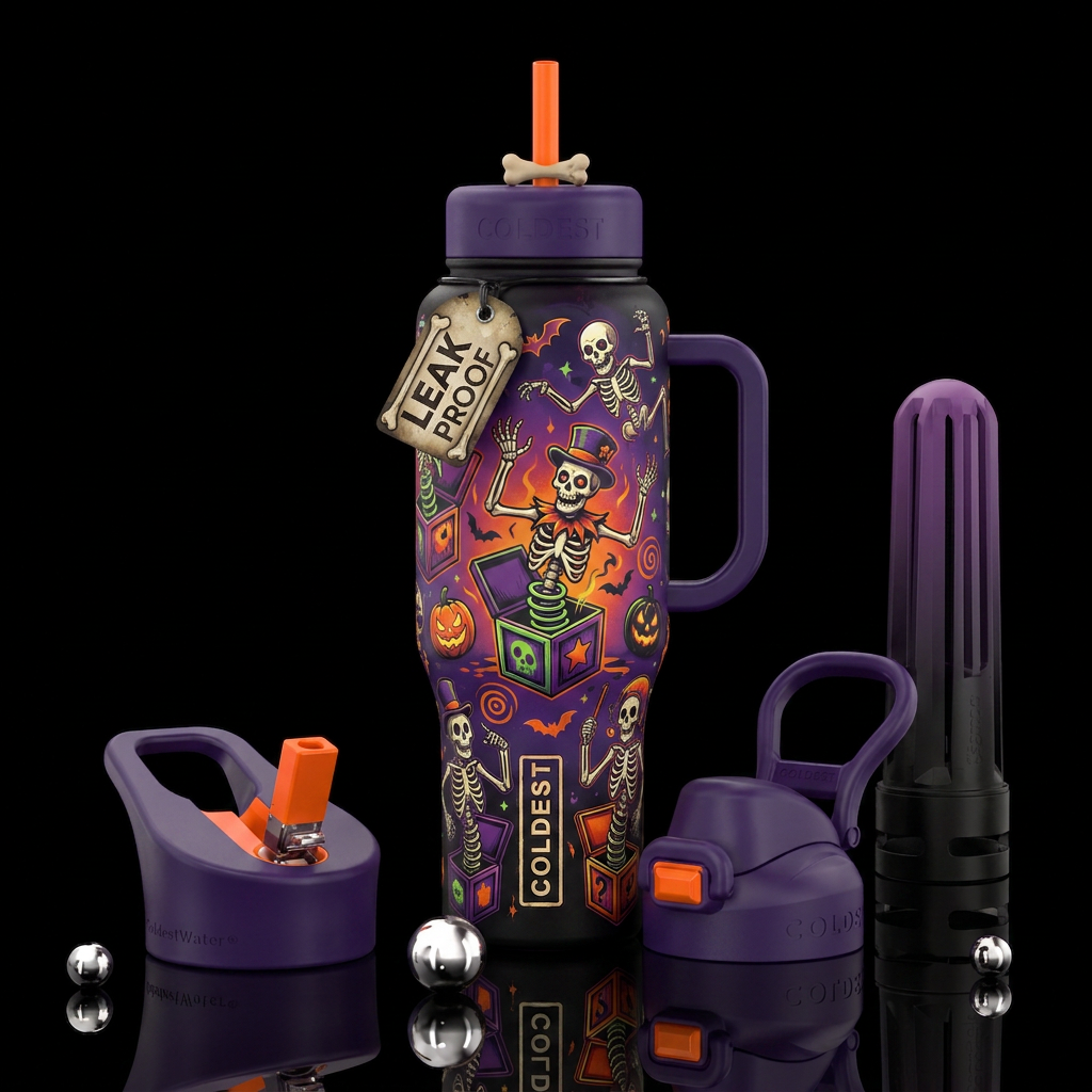 Haunted fun skeleton Jack in the box water bottle design