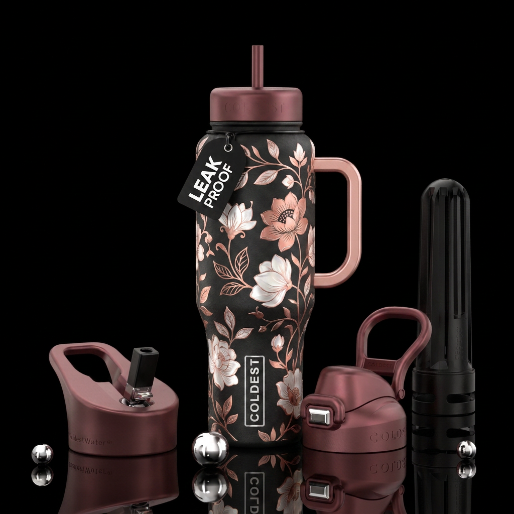 Rose gold and moonlight flowers on black bottle water bottle design