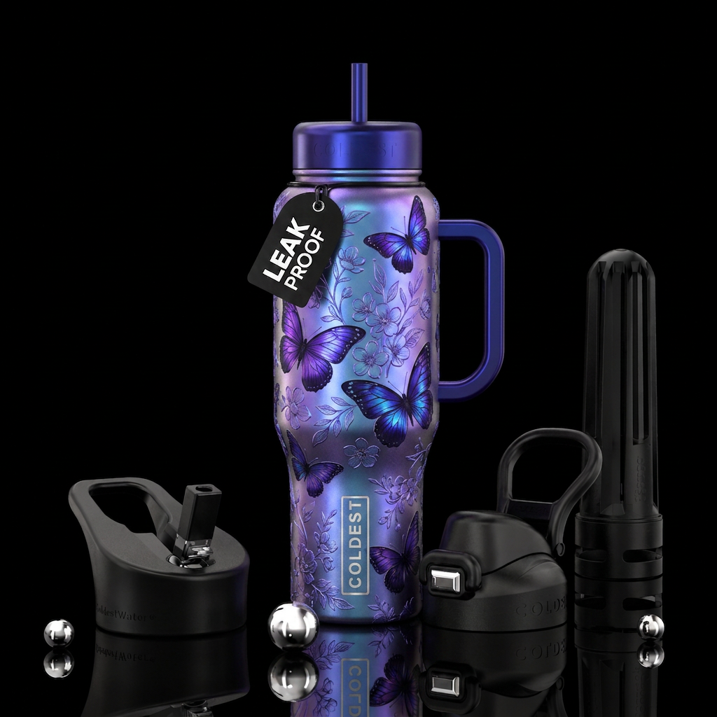 Floral with butterflies iridescent violet blue water bottle design