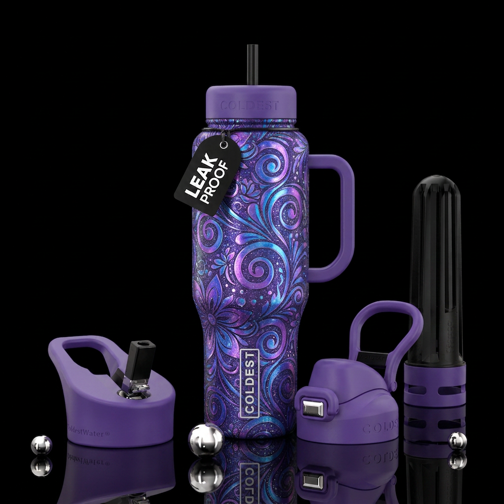 Iridescent spirals and floral violet blue purple w... water bottle design