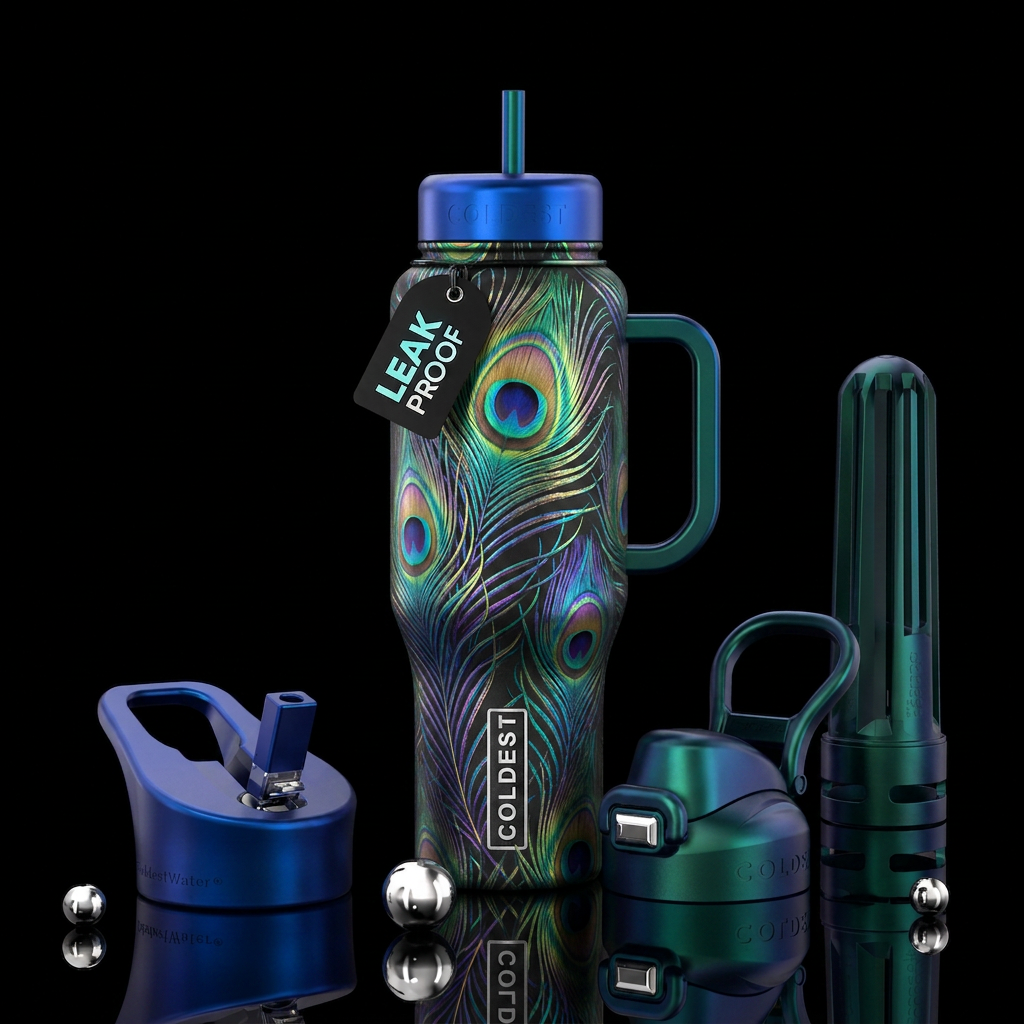 Peacock feather pattern water bottle design