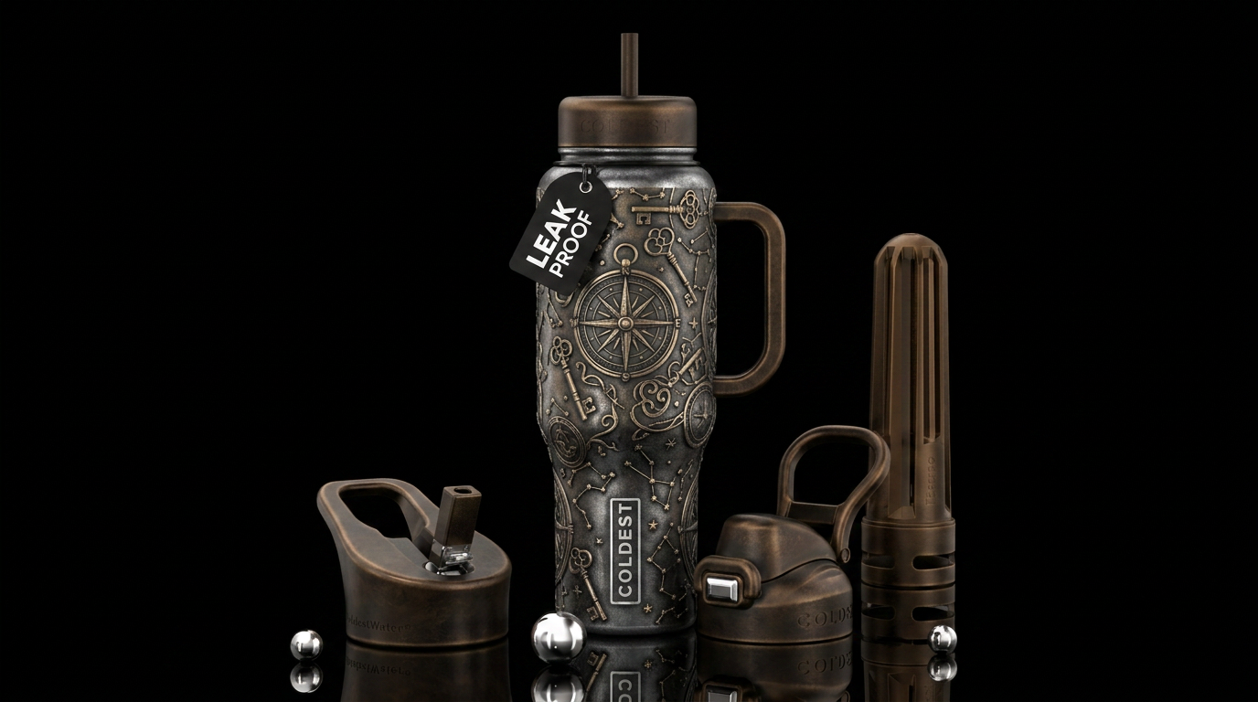 Compass skeleton key vintage stars bronze black si... water bottle design