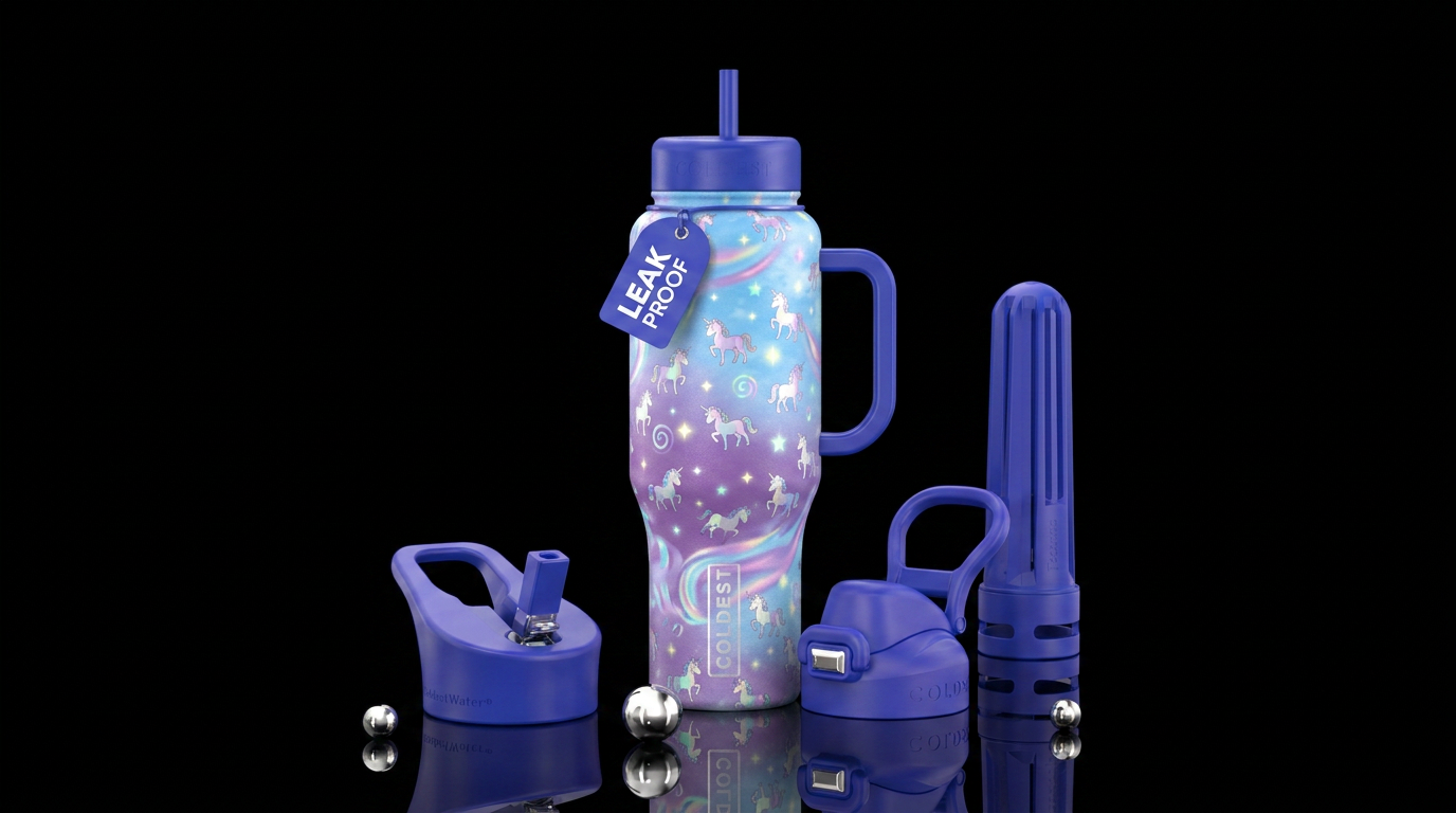 Small scattered iridescent unicorns on a purple po... water bottle design