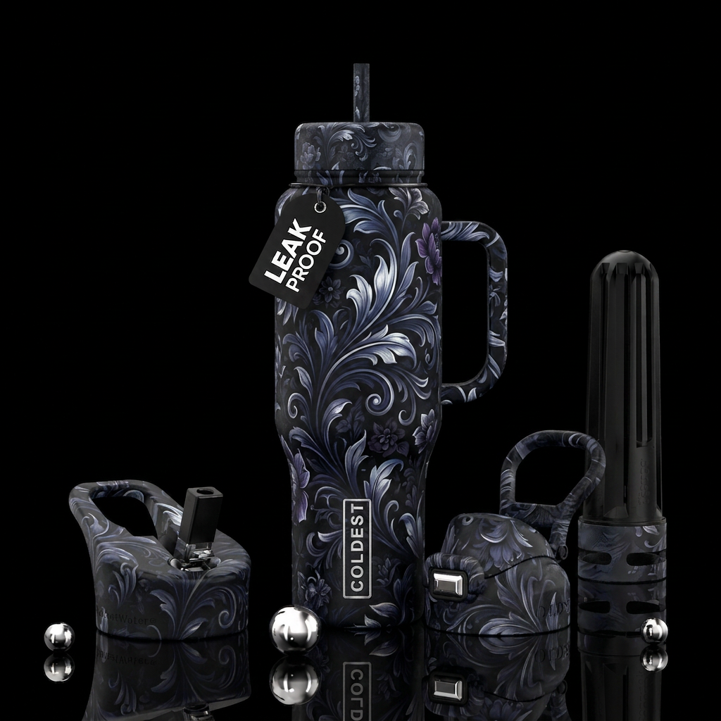 Black moonlight floral gothic water bottle design