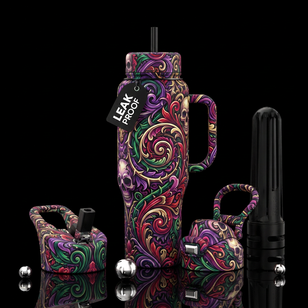 Crazy train gothic floral spiral water bottle design