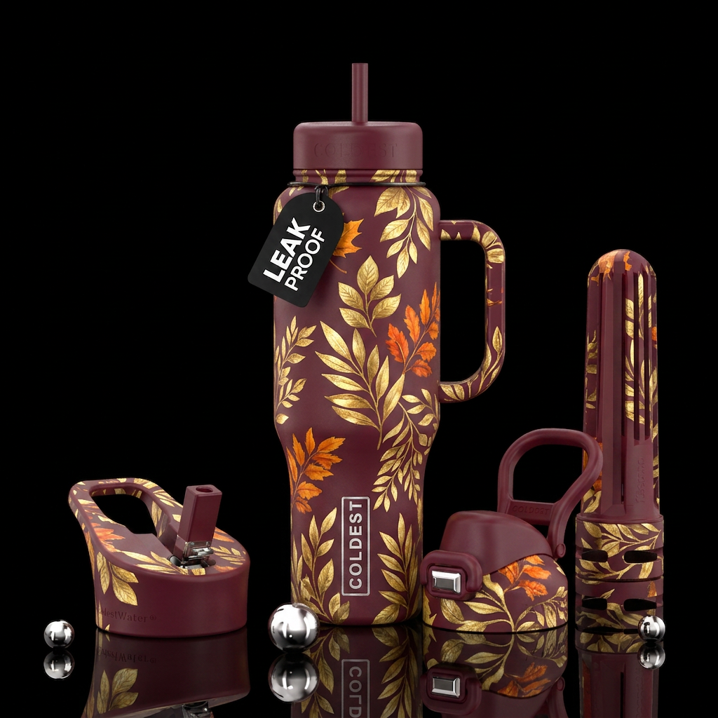 Golden leaves burgsndy background with orange colo... water bottle design