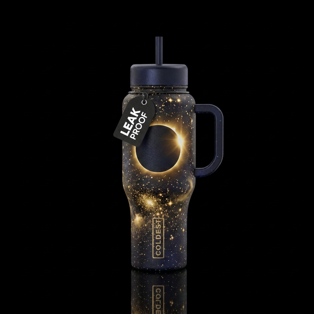 Total eclipse black and gold with space and stars water bottle design
