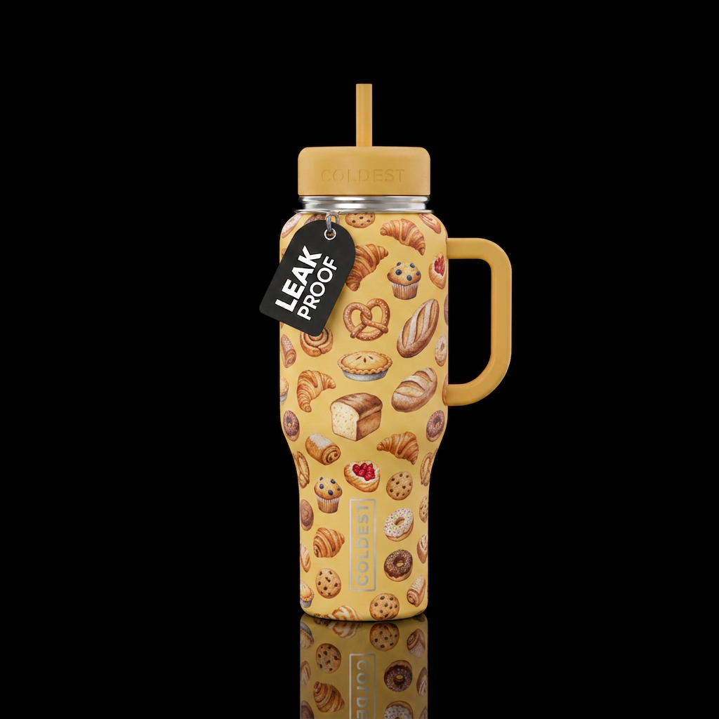 Fresh bakery goods on a yellow background scattere... water bottle design