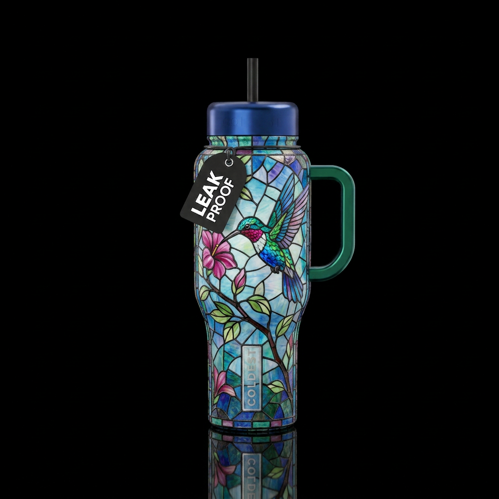 Tiffany lamp humming bird on branch pattern water bottle design