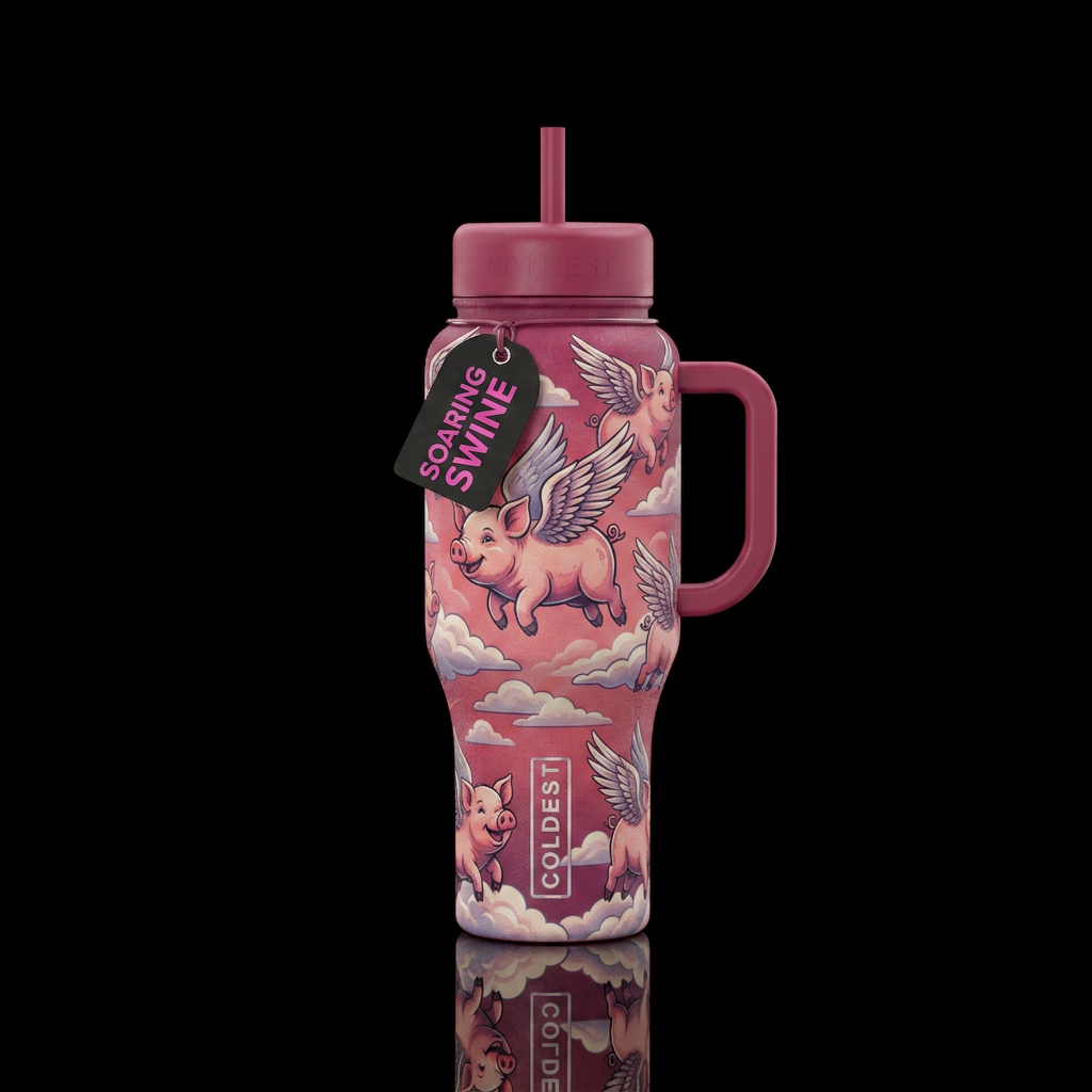 Flying pigs with wings clouds water bottle design