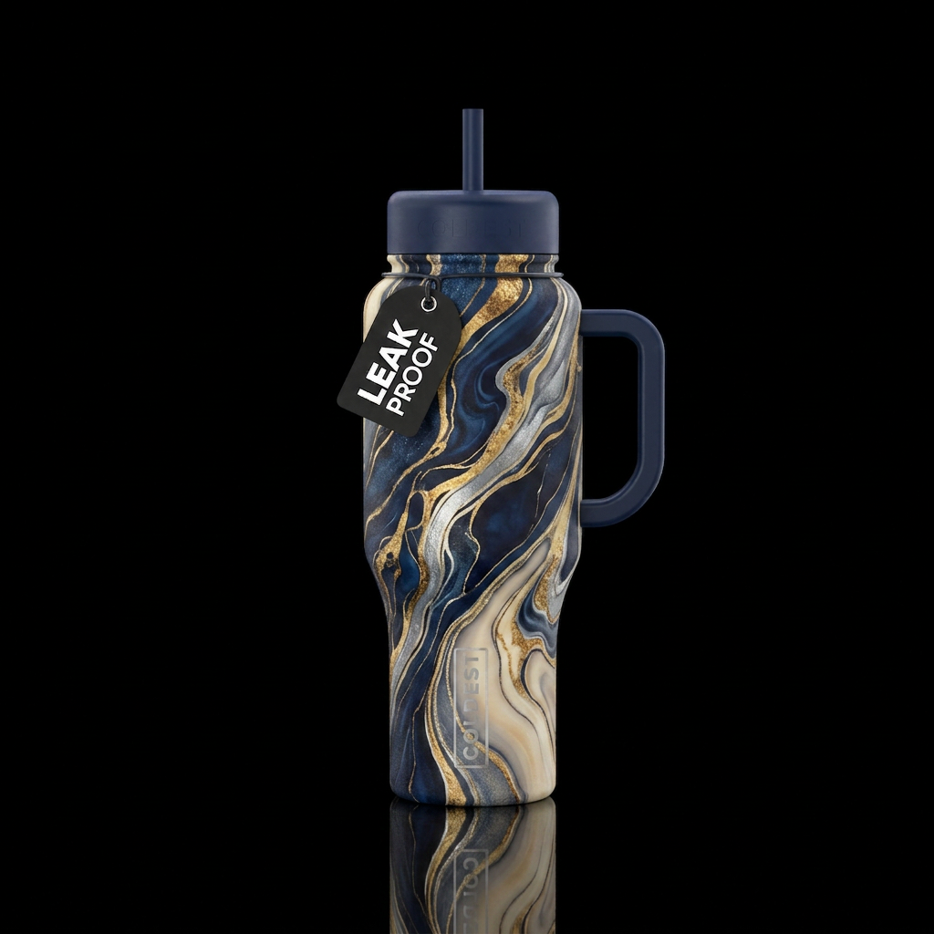 Midnight blue silver gold ivory molten lava print water bottle design