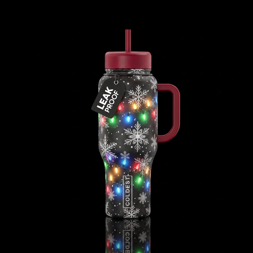 Snowflakes and Glowy Strings of Christmas lights water bottle design