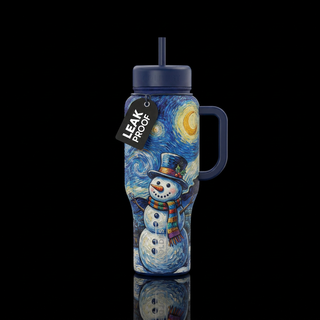 Starry night snowman water bottle design