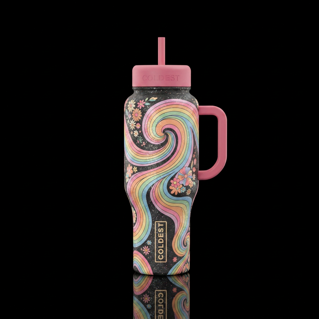 Sherbet rainbow swirl with glitter dust and flower... water bottle design