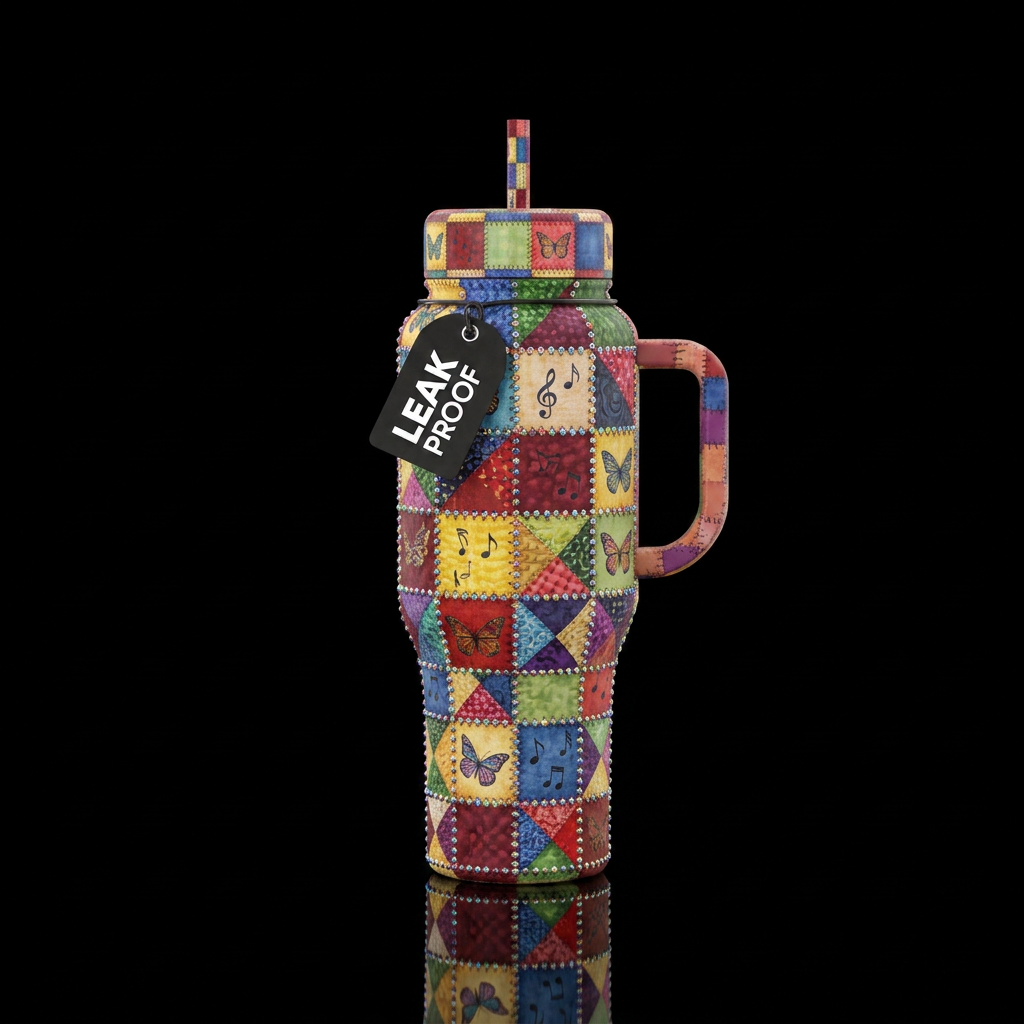 Dolly Parton coat of many colors quilt patches rhi... water bottle design