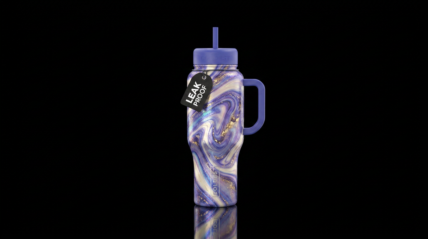 Violet blue and ivory swirl with gold flecks iride... water bottle design