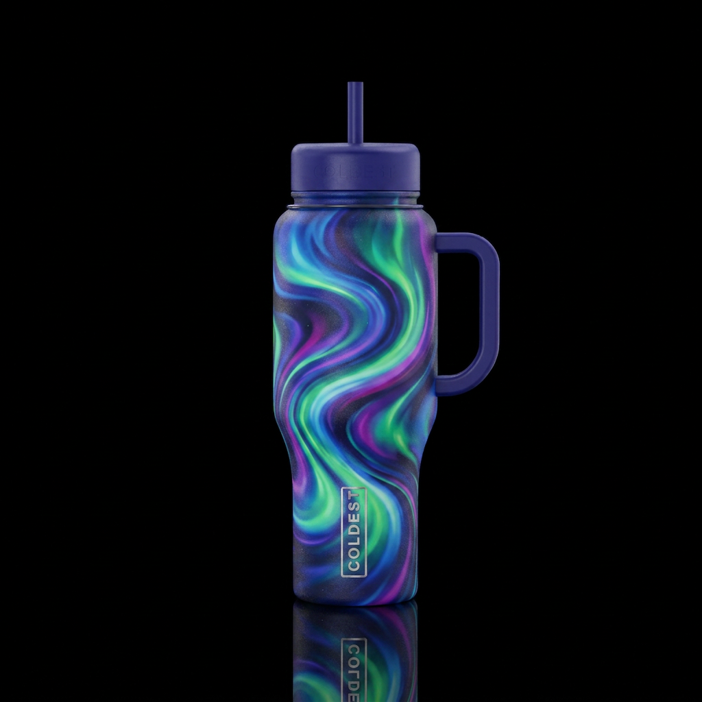 Aurora lights turned into swirl water bottle design