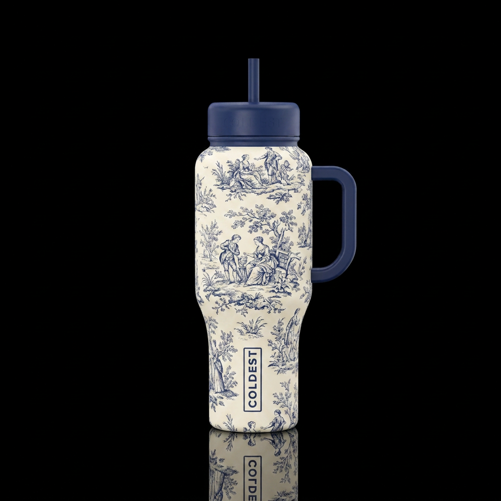 Navy and cream toile water bottle design