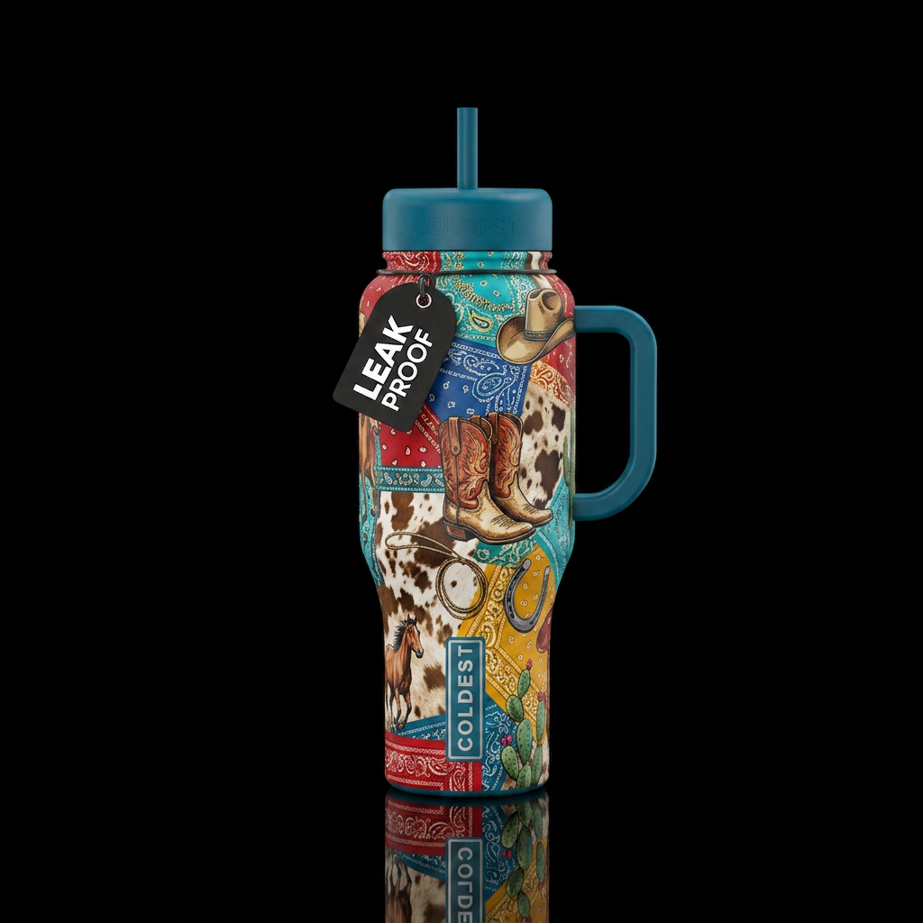 Western, bandana, cowhide, boots hats horses water bottle design