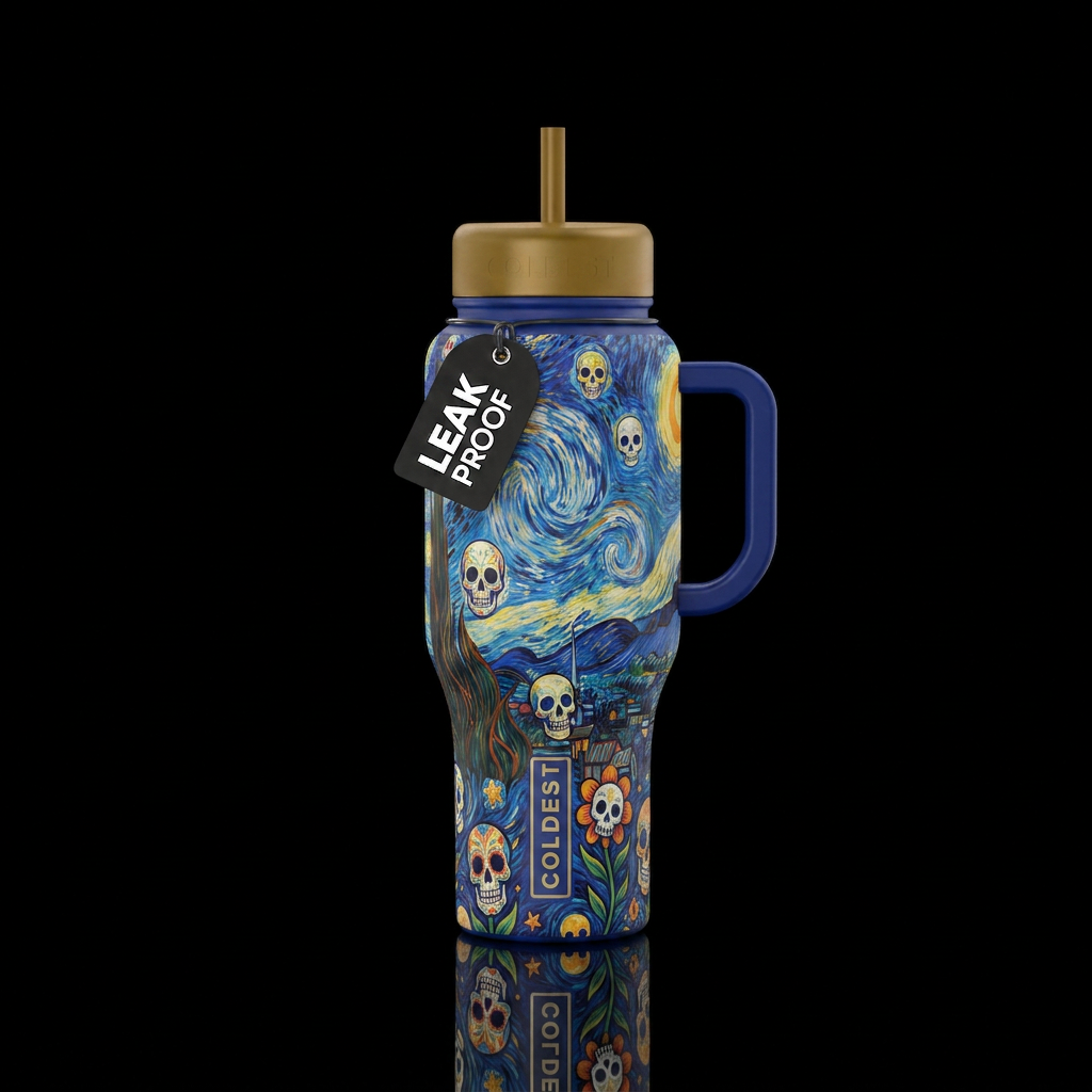 Floral Van Gogh starry skulls water bottle design