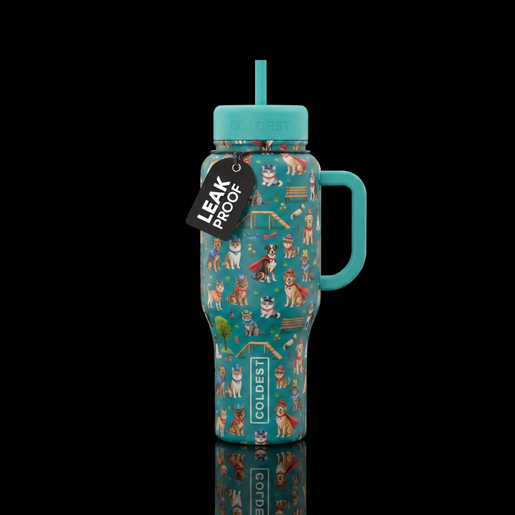 Small images at dog park cats and dogs in costumes... water bottle design