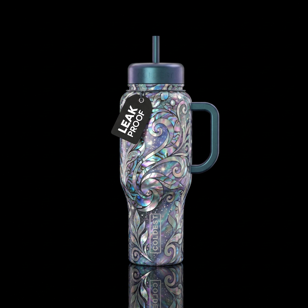Mother of pearl, magic, whimsical, fantasy water bottle design