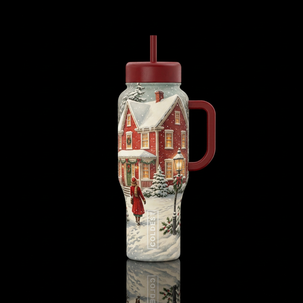 Vintage New England Christmas snowy with glowing l... water bottle design