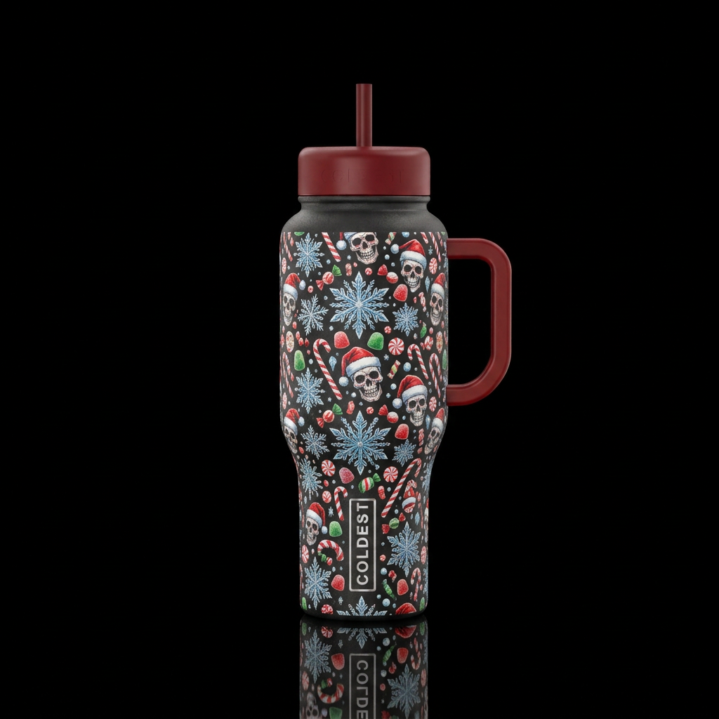 Tiny Christmas skulls icy snow flakes christmas ca... water bottle design