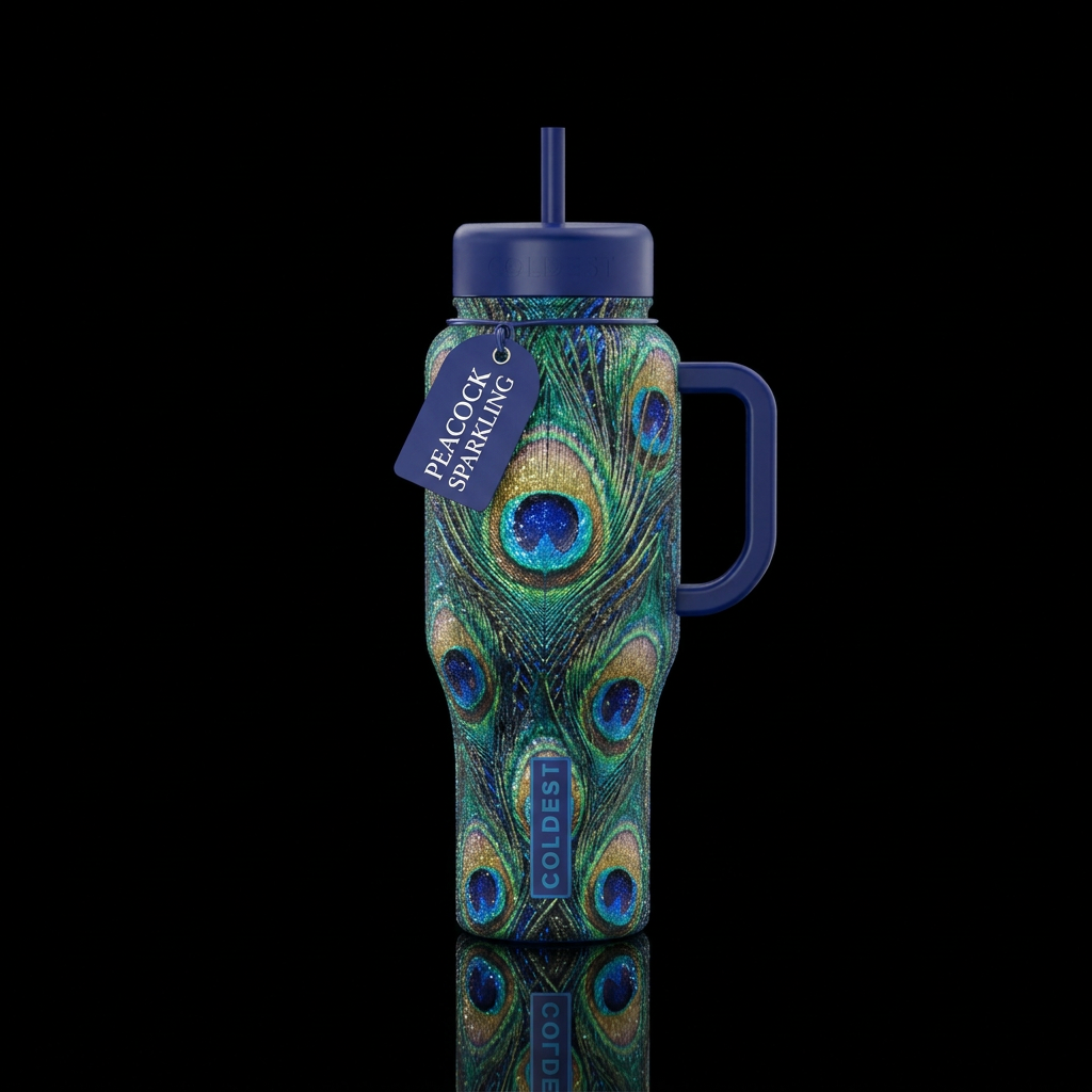 Peacock pattern sparkling vibrant water bottle design