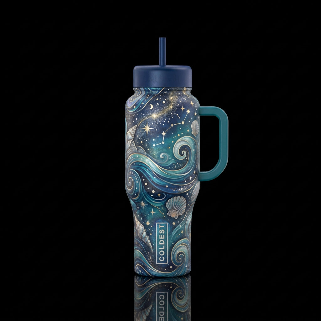 enchanting, swirls, ocean with starry night patter... water bottle design