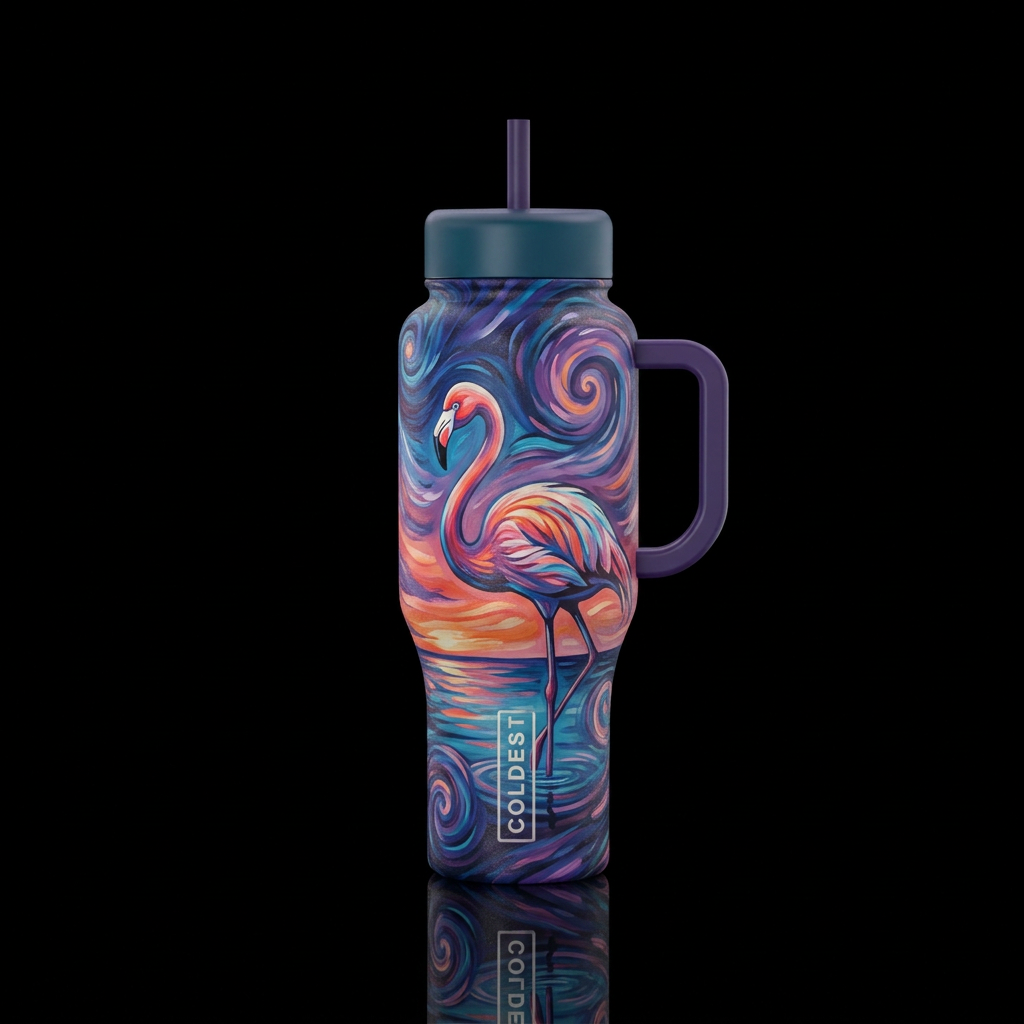 flamingo, swirls, painting, twilight water bottle design