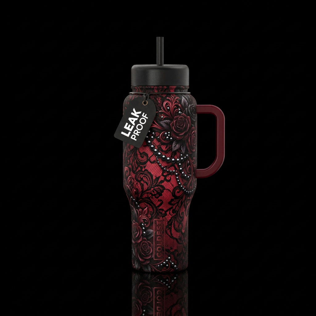 Dark gothic beautiful red black lace black pearls ... water bottle design